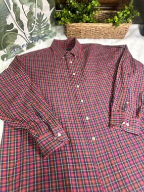 Lands’ End Men's Red Plaid Button-Down Shirt EXCELLENT condition size L